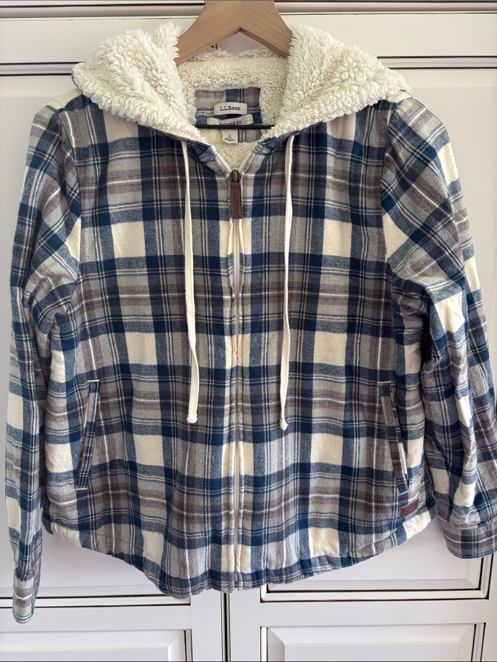 LL Bean Blue Plaid Flannel Fuzzy‎ Fleeced Lined Hoodie Jacket Women Petite Small